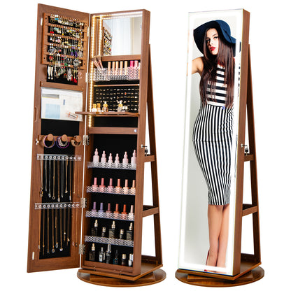 4-in-1 Standing Jewelry Cabinet with Full-Length LED Mirror, Lockable Storage, Rotating Base and Foldable Vanity Shelf – Brown