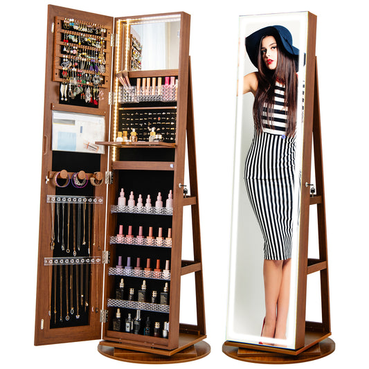 4-in-1 Standing Jewelry Cabinet with Full-Length LED Mirror, Lockable Storage, Rotating Base and Foldable Vanity Shelf – Brown
