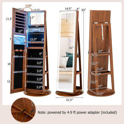4-in-1 Standing Jewelry Cabinet with Full-Length LED Mirror, Lockable Storage, Rotating Base and Foldable Vanity Shelf – Brown