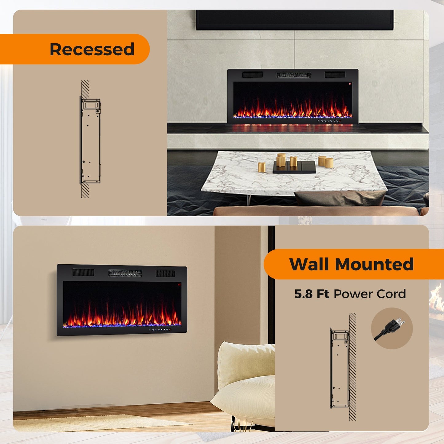 40/50/60 Inch Electric Fireplace for Recessed or Wall Mounted Installation, Fits 2' x 6' Stud