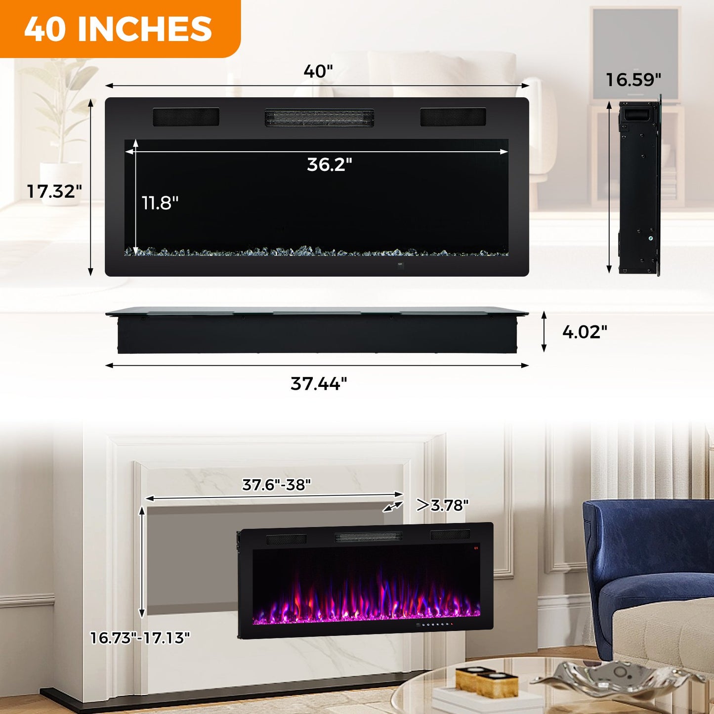 40/50/60 Inch Electric Fireplace for Recessed or Wall Mounted Installation, Fits 2' x 6' Stud