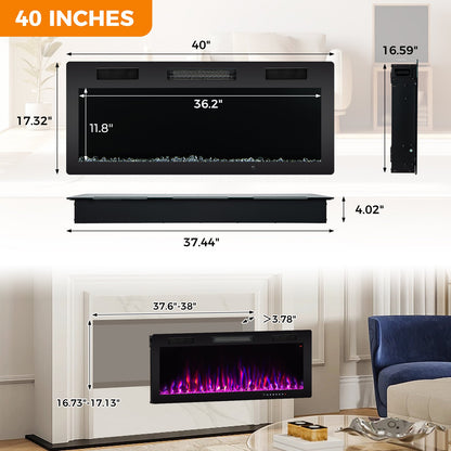 40/50/60 Inch Electric Fireplace for Recessed or Wall Mounted Installation, Fits 2' x 6' Stud