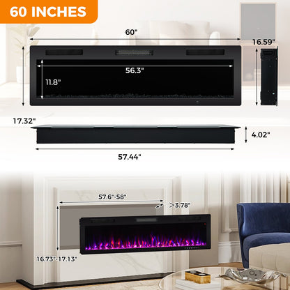 40/50/60 Inch Electric Fireplace for Recessed or Wall Mounted Installation, Fits 2' x 6' Stud