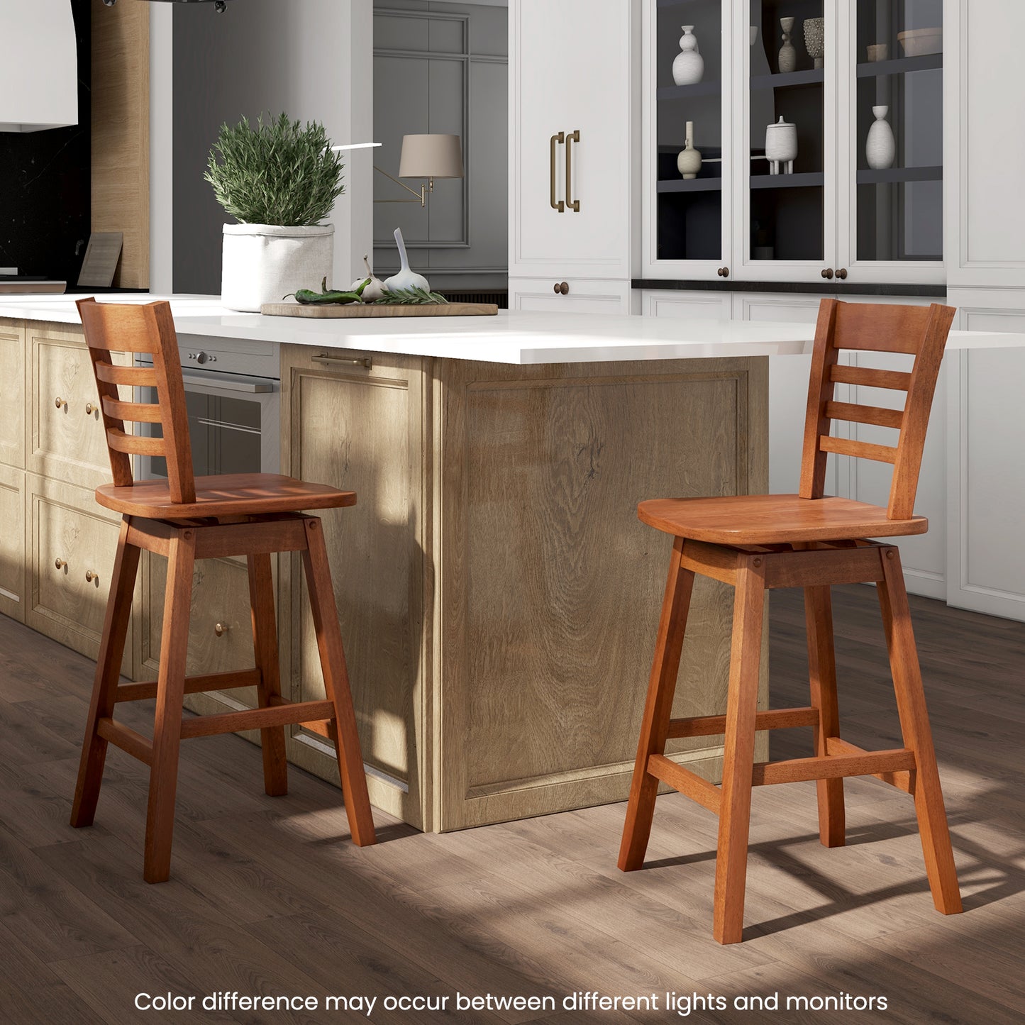 Wooden Counter Bar Chairs Set of 2 with Supportive Footrest in Walnut Finish