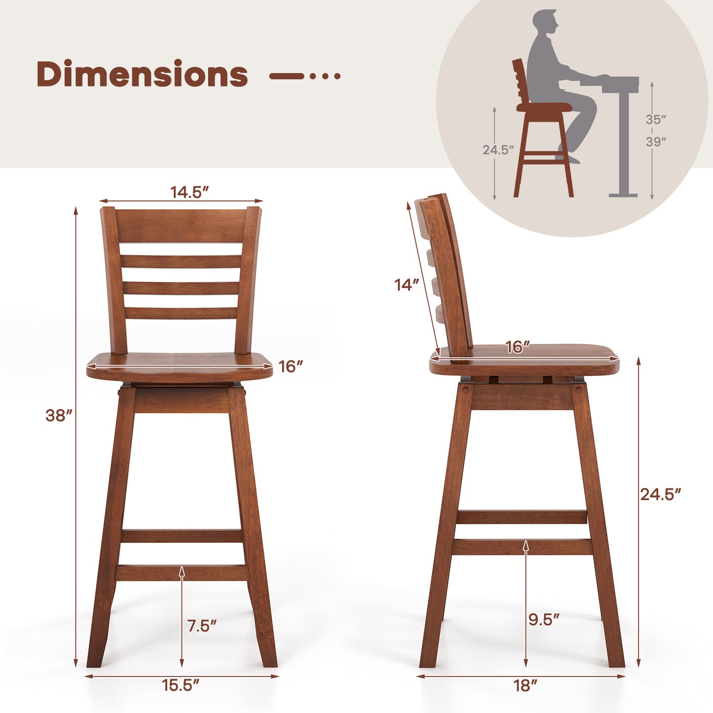Wooden Counter Bar Chairs Set of 2 with Supportive Footrest in Walnut Finish