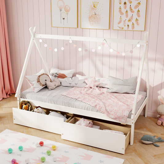 Twin Size House Bed Frame for Kids with Roof Design and 2 Storage Drawers, Solid Wood Platform Bed in White