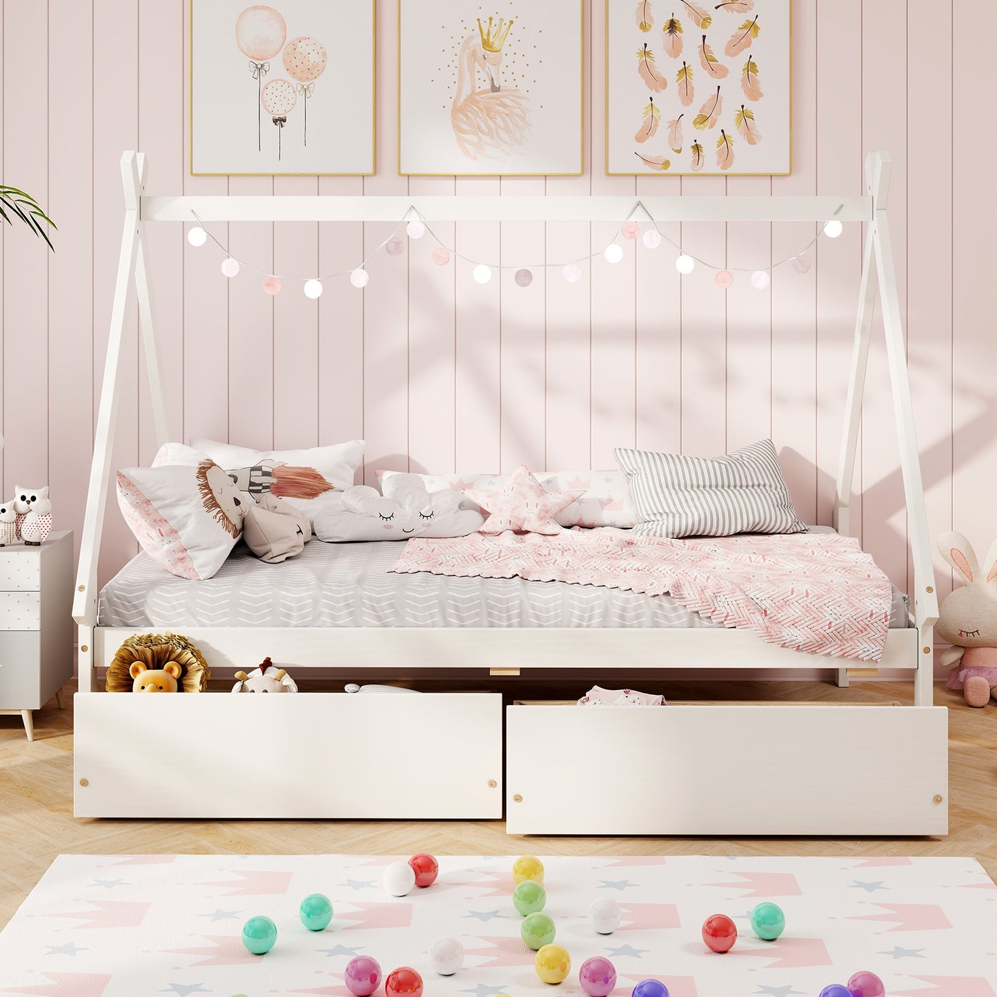 Twin Size House Bed Frame for Kids with Roof Design and 2 Storage Drawers, Solid Wood Platform Bed in White