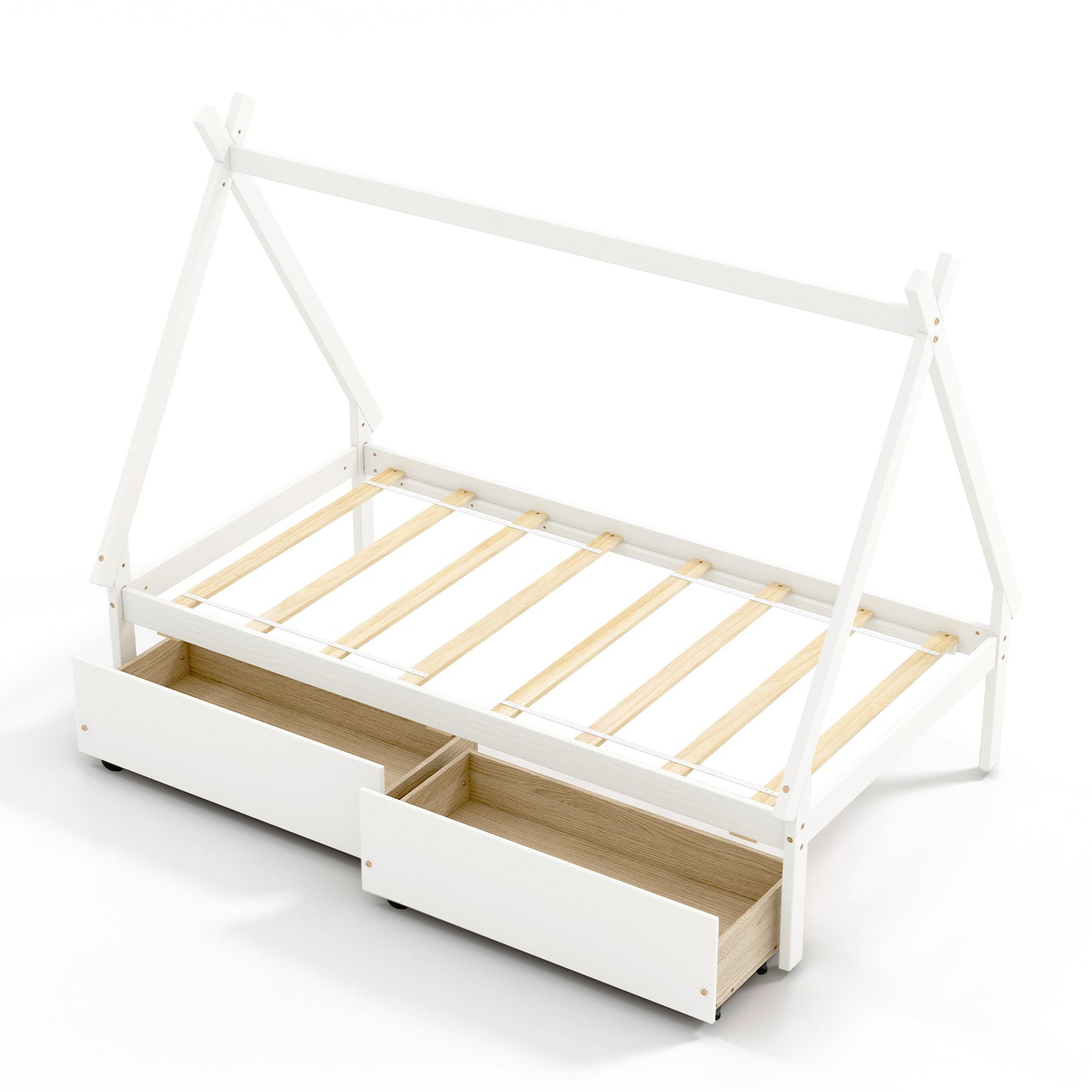 Twin Size House Bed Frame for Kids with Roof Design and 2 Storage Drawers, Solid Wood Platform Bed in White