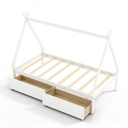 Twin Size House Bed Frame for Kids with Roof Design and 2 Storage Drawers, Solid Wood Platform Bed in White