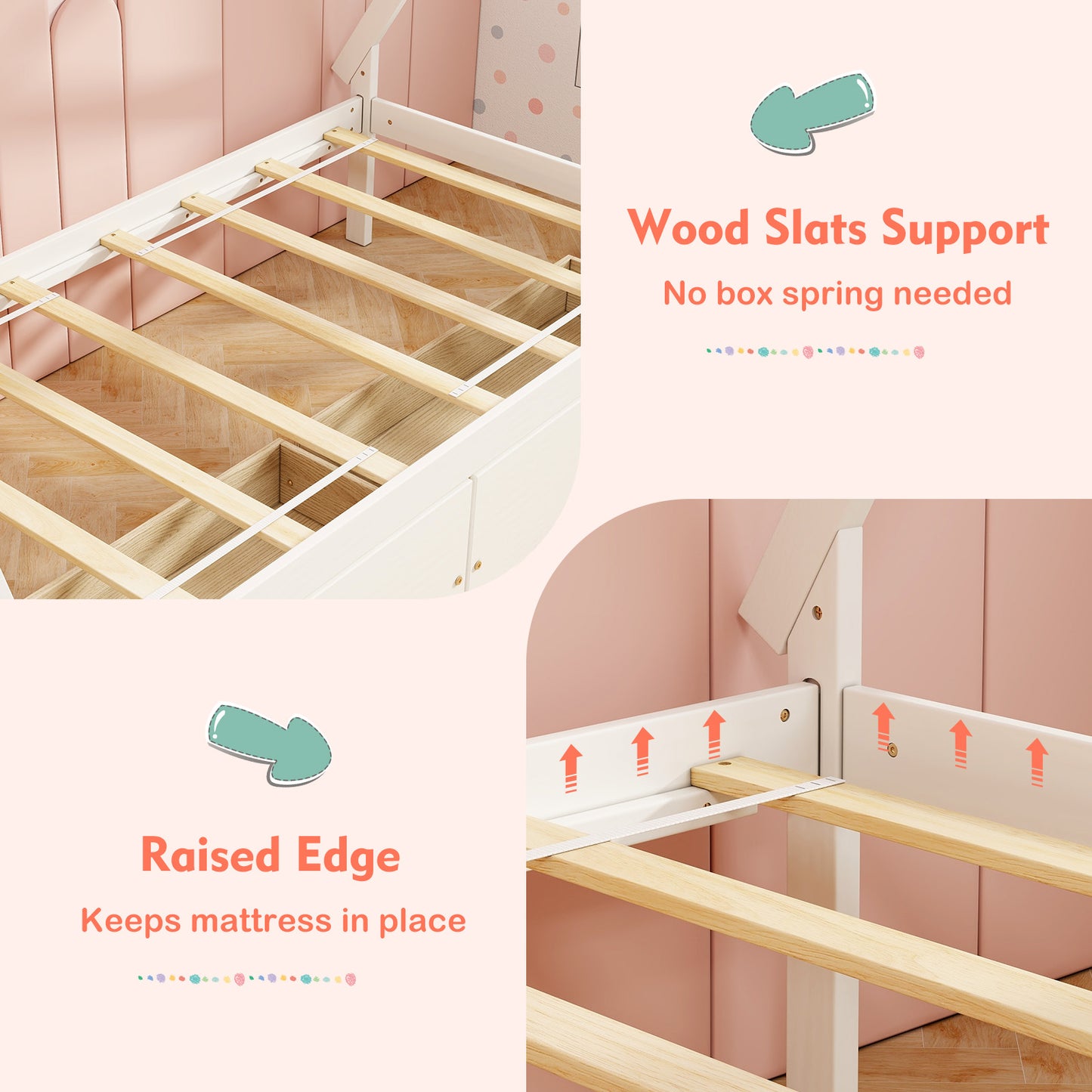 Twin Size House Bed Frame for Kids with Roof Design and 2 Storage Drawers, Solid Wood Platform Bed in White