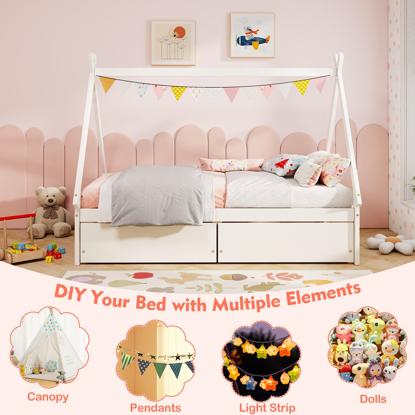Twin Size House Bed Frame for Kids with Roof Design and 2 Storage Drawers, Solid Wood Platform Bed in White