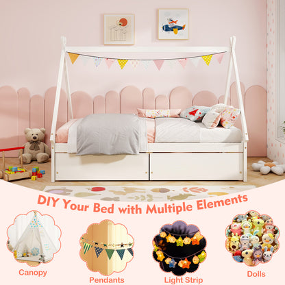 Twin Size House Bed Frame for Kids with Roof Design and 2 Storage Drawers, Solid Wood Platform Bed in White