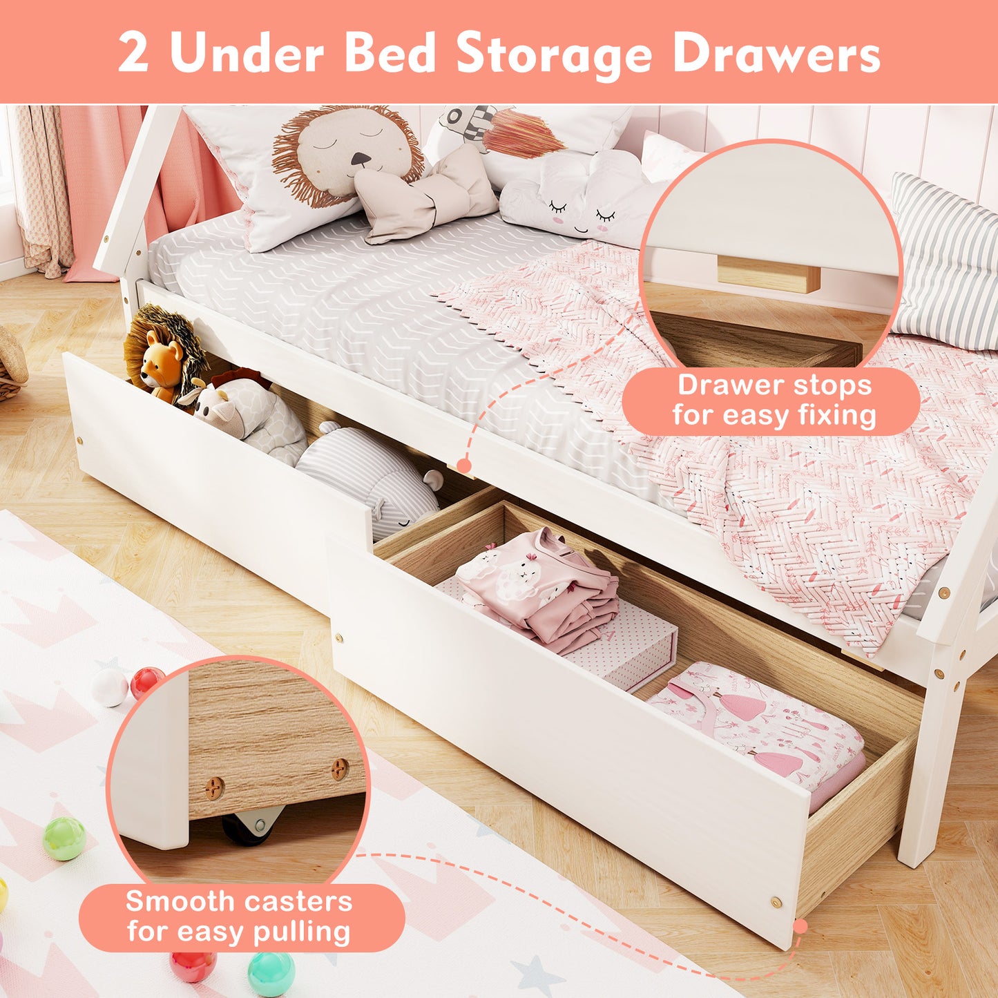 Twin Size House Bed Frame for Kids with Roof Design and 2 Storage Drawers, Solid Wood Platform Bed in White