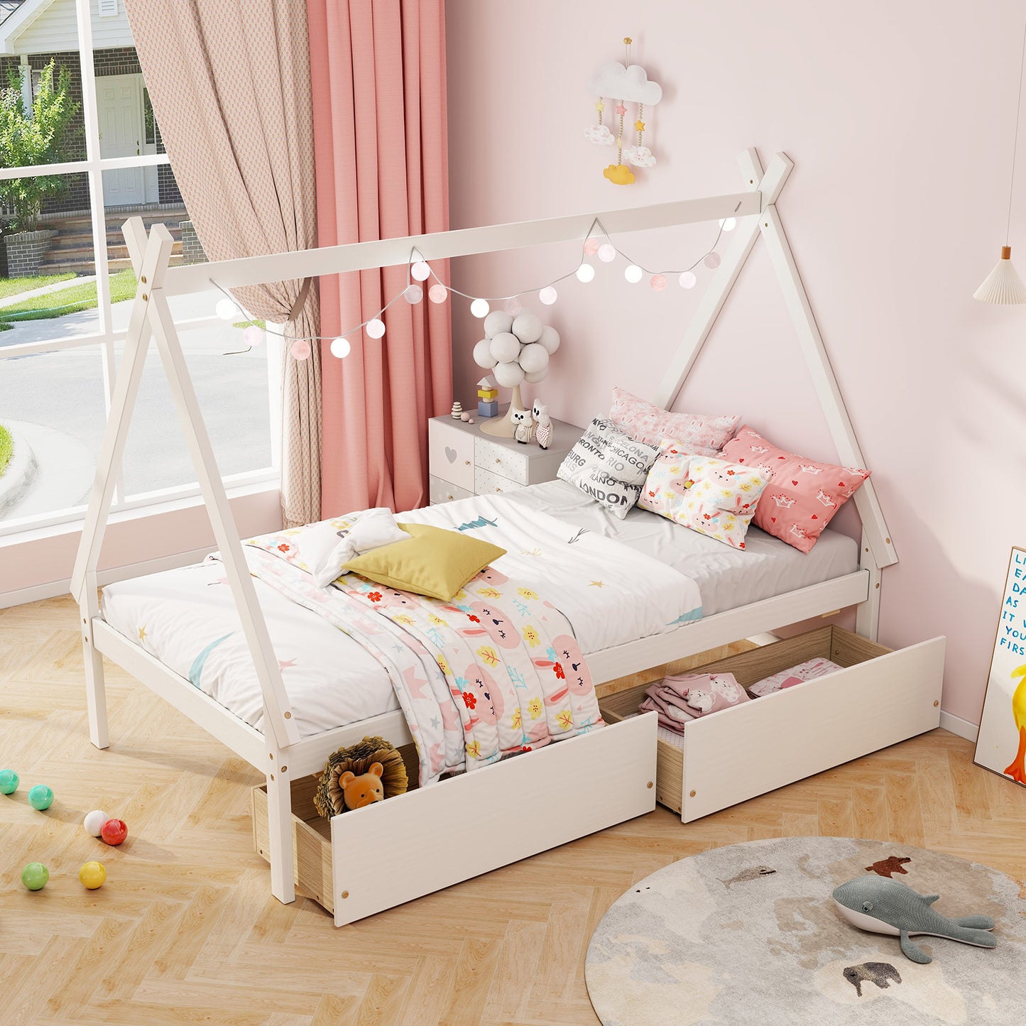 Twin Size House Bed Frame for Kids with Roof Design and 2 Storage Drawers, Solid Wood Platform Bed in White