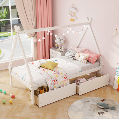 Twin Size House Bed Frame for Kids with Roof Design and 2 Storage Drawers, Solid Wood Platform Bed in White