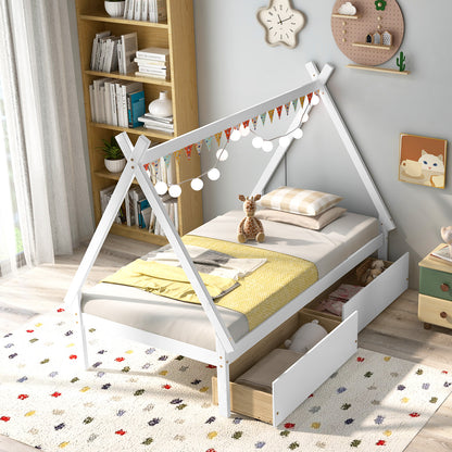 Twin Size House Bed Frame for Kids with Roof Design and 2 Storage Drawers, Solid Wood Platform Bed in White