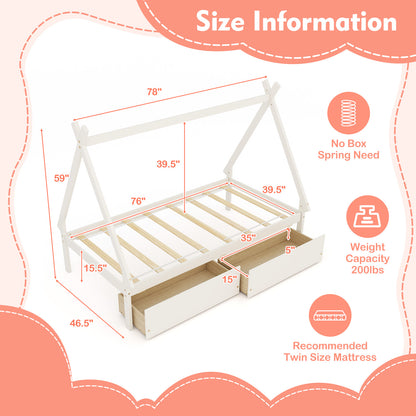 Twin Size House Bed Frame for Kids with Roof Design and 2 Storage Drawers, Solid Wood Platform Bed in White