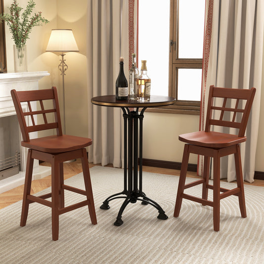 Set of 2 Counter Height Bar Stools with 6-Grid Hollow Back and Contoured Seat in Brown