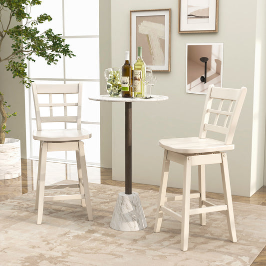 Set of 2 Counter Height Bar Stools with 6-Grid Hollow Back and Contoured Seat in White