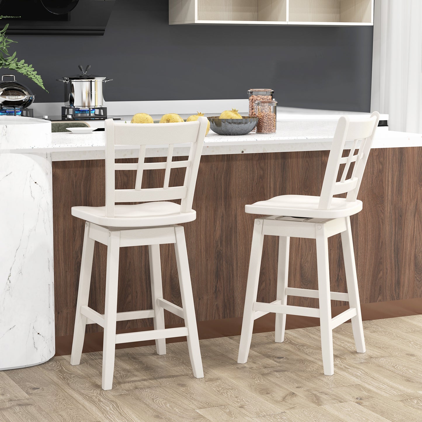 Set of 2 Counter Height Bar Stools with 6-Grid Hollow Back and Contoured Seat in White