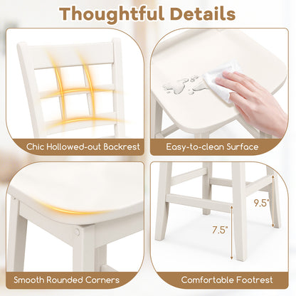 Set of 2 Counter Height Bar Stools with 6-Grid Hollow Back and Contoured Seat in White