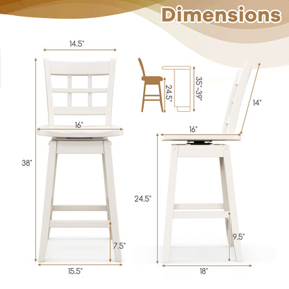 Set of 2 Counter Height Bar Stools with 6-Grid Hollow Back and Contoured Seat in White