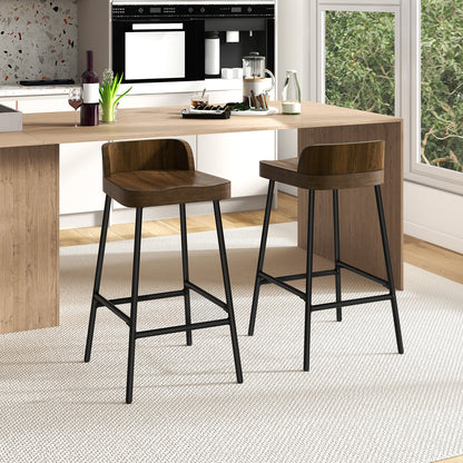 Industrial Bar Stool with Backrest and Saddle Seat in Rustic Wood Finish, 24.5 Inch Height