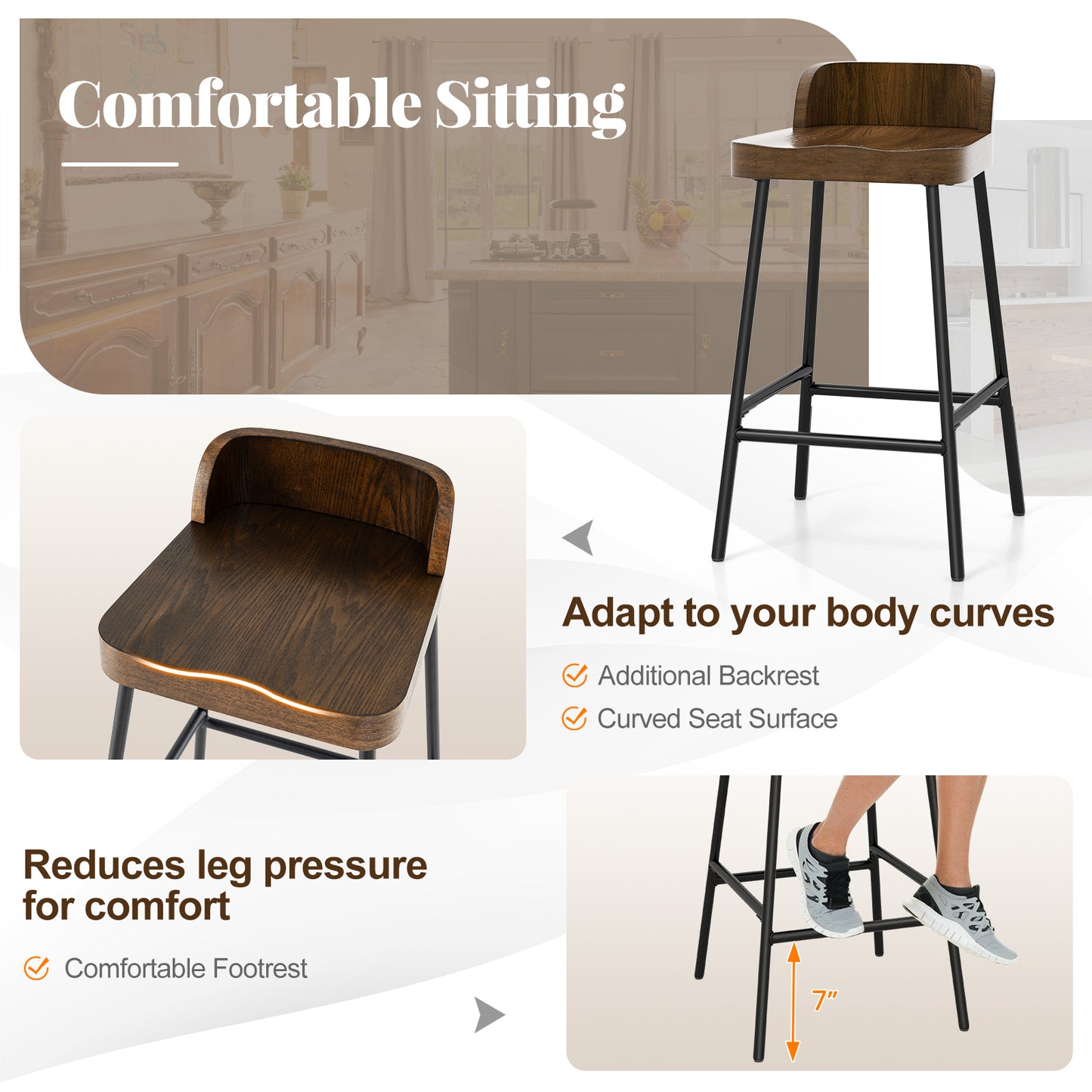 Industrial Bar Stool with Backrest and Saddle Seat in Rustic Wood Finish, 24.5 Inch Height