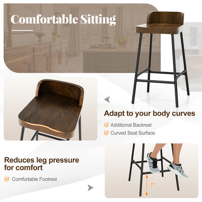 Industrial Bar Stool with Backrest and Saddle Seat in Rustic Wood Finish, 24.5 Inch Height