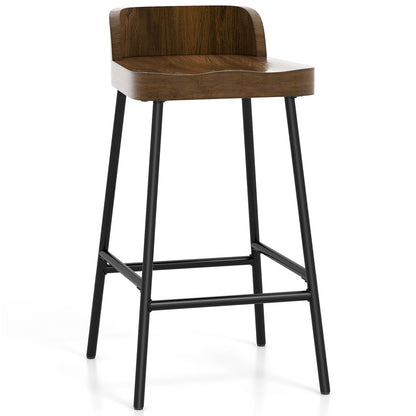 Industrial Bar Stool with Backrest and Saddle Seat in Rustic Wood Finish, 24.5 Inch Height