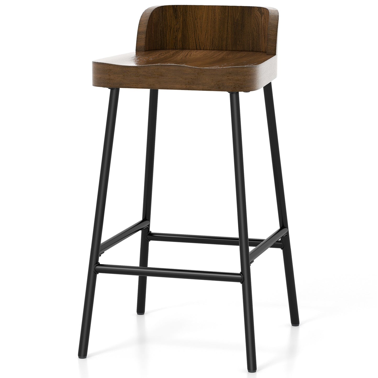 Industrial Bar Stool with Backrest and Saddle Seat in Rustic Wood Finish, 24.5 Inch Height