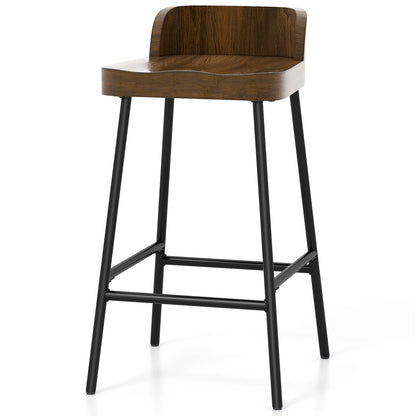 Industrial Bar Stool with Backrest and Saddle Seat in Rustic Wood Finish, 24.5 Inch Height