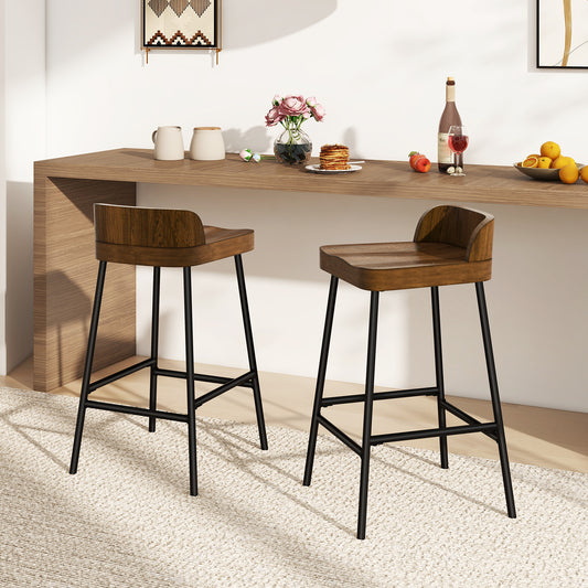 Industrial Bar Stool with Backrest and Saddle Seat in Rustic Wood Finish, 24.5 Inch Height