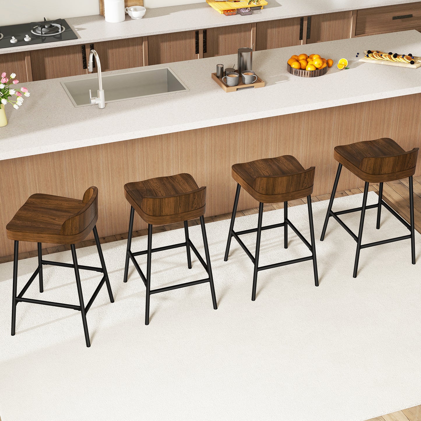 Industrial Bar Stool with Backrest and Saddle Seat in Rustic Wood Finish, 24.5 Inch Height