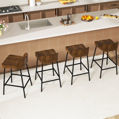 Industrial Bar Stool with Backrest and Saddle Seat in Rustic Wood Finish, 24.5 Inch Height