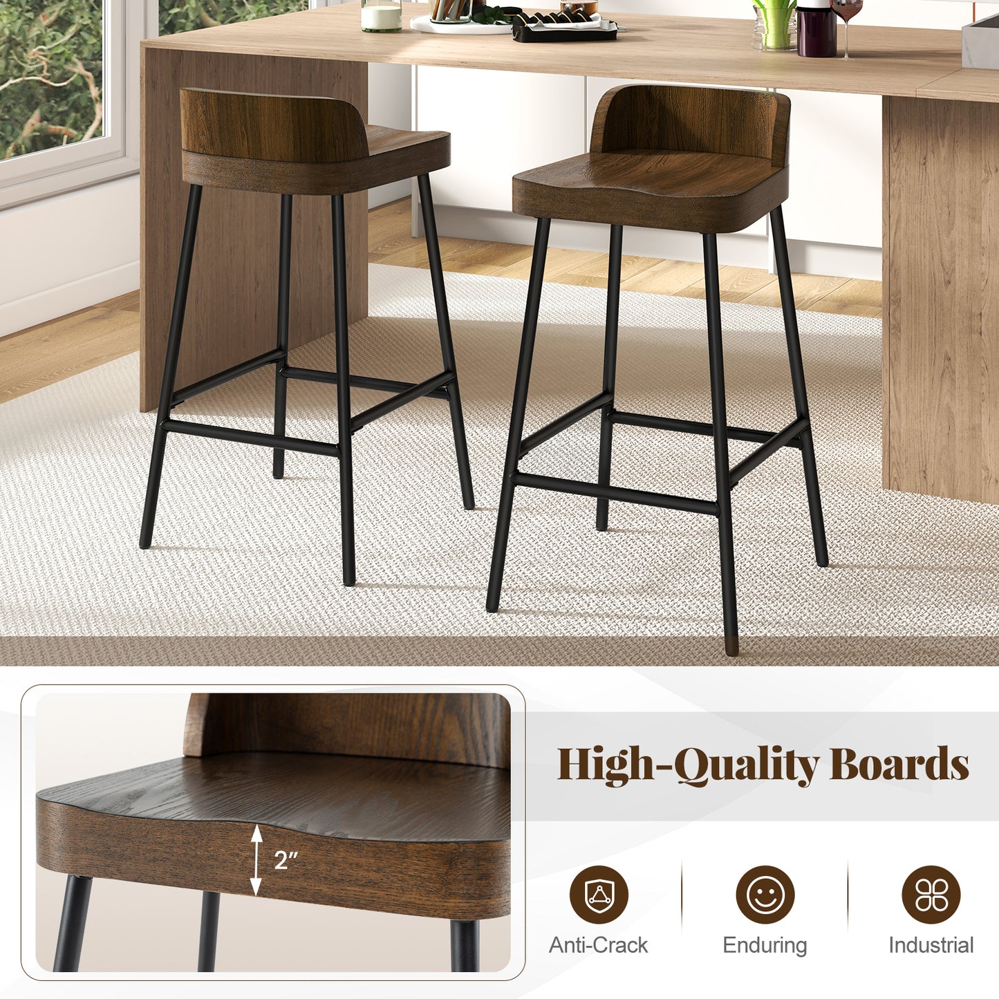 Industrial Bar Stool with Backrest and Saddle Seat in Rustic Wood Finish, 24.5 Inch Height