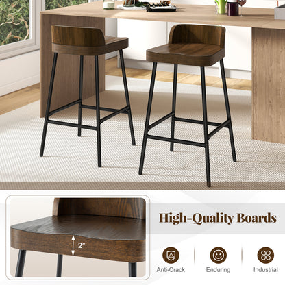Industrial Bar Stool with Backrest and Saddle Seat in Rustic Wood Finish, 24.5 Inch Height