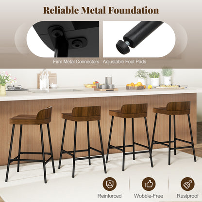 Industrial Bar Stool with Backrest and Saddle Seat in Rustic Wood Finish, 24.5 Inch Height