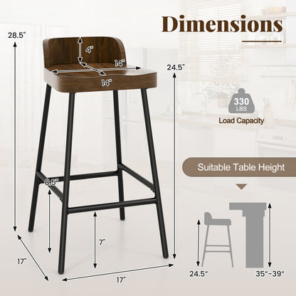 Industrial Bar Stool with Backrest and Saddle Seat in Rustic Wood Finish, 24.5 Inch Height