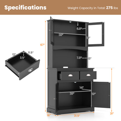 Tall Storage Cabinet with Glass Door Shelves and 2 Drawers for Kitchen or Living Room Black