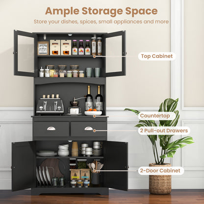 Tall Storage Cabinet with Glass Door Shelves and 2 Drawers for Kitchen or Living Room Black