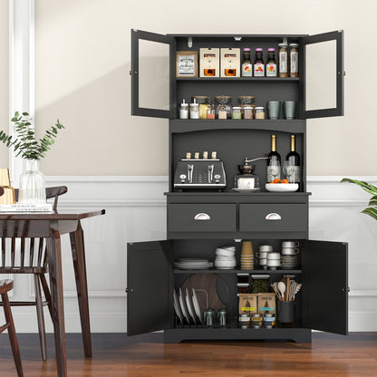 Tall Storage Cabinet with Glass Door Shelves and 2 Drawers for Kitchen or Living Room Black