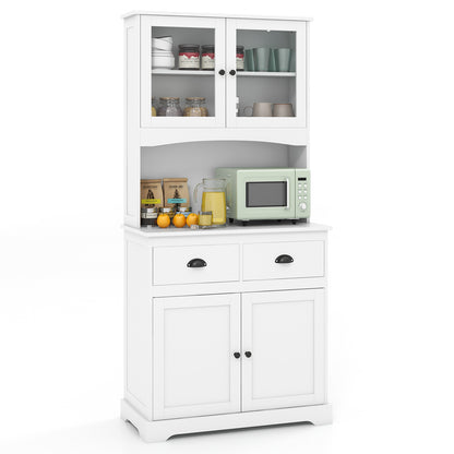 Tall Storage Cabinet with Glass Door Shelves and 2 Drawers for Kitchen or Living Room White