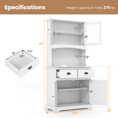 Tall Storage Cabinet with Glass Door Shelves and 2 Drawers for Kitchen or Living Room White