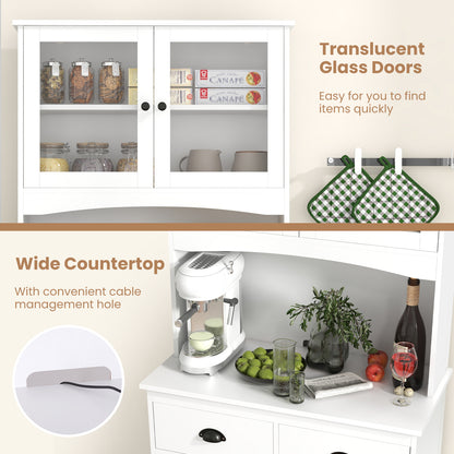 Tall Storage Cabinet with Glass Door Shelves and 2 Drawers for Kitchen or Living Room White