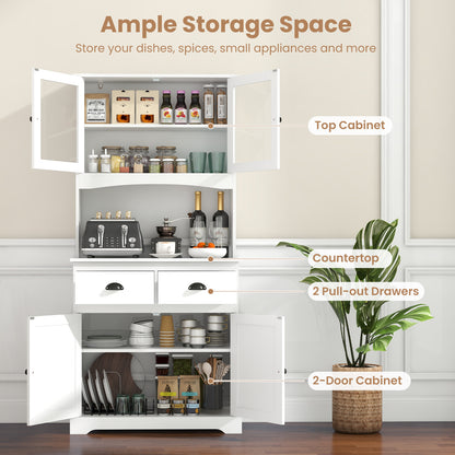 Tall Storage Cabinet with Glass Door Shelves and 2 Drawers for Kitchen or Living Room White