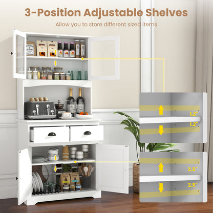 Tall Storage Cabinet with Glass Door Shelves and 2 Drawers for Kitchen or Living Room White