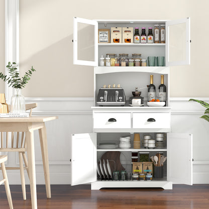 Tall Storage Cabinet with Glass Door Shelves and 2 Drawers for Kitchen or Living Room White