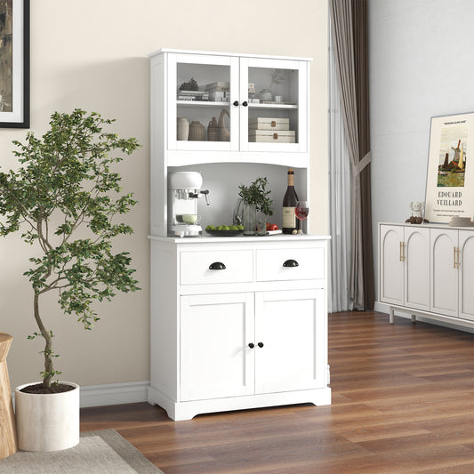 Tall Storage Cabinet with Glass Door Shelves and 2 Drawers for Kitchen or Living Room White