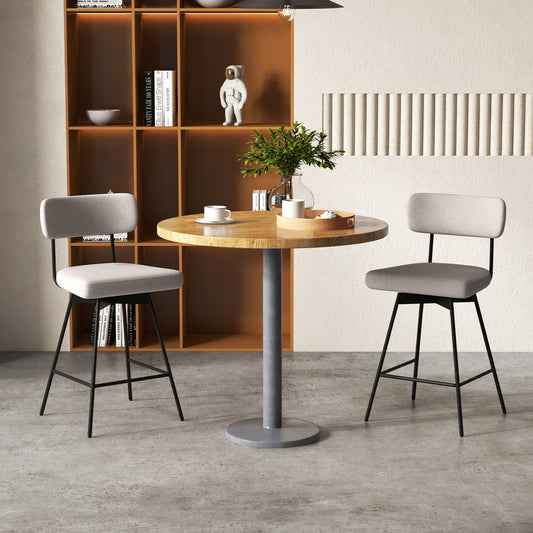 Set of 2 Modern 25″ Upholstered Bar Stools with Backrest and Footrests in Beige